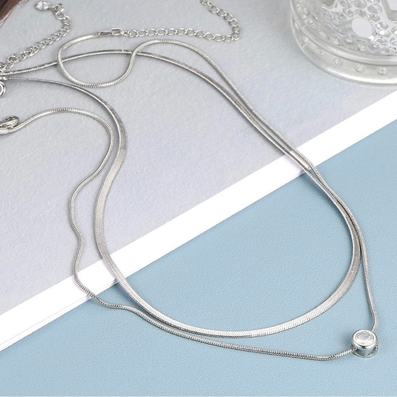 Silver 14k White Gold Plated 2pc Herringbone CZ Necklace Set - Picture 3 of 3